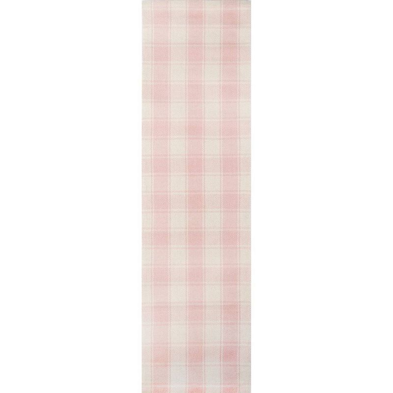 Handmade Pink and Ivory Wool Plaid Runner Rug 2'3" x 8'