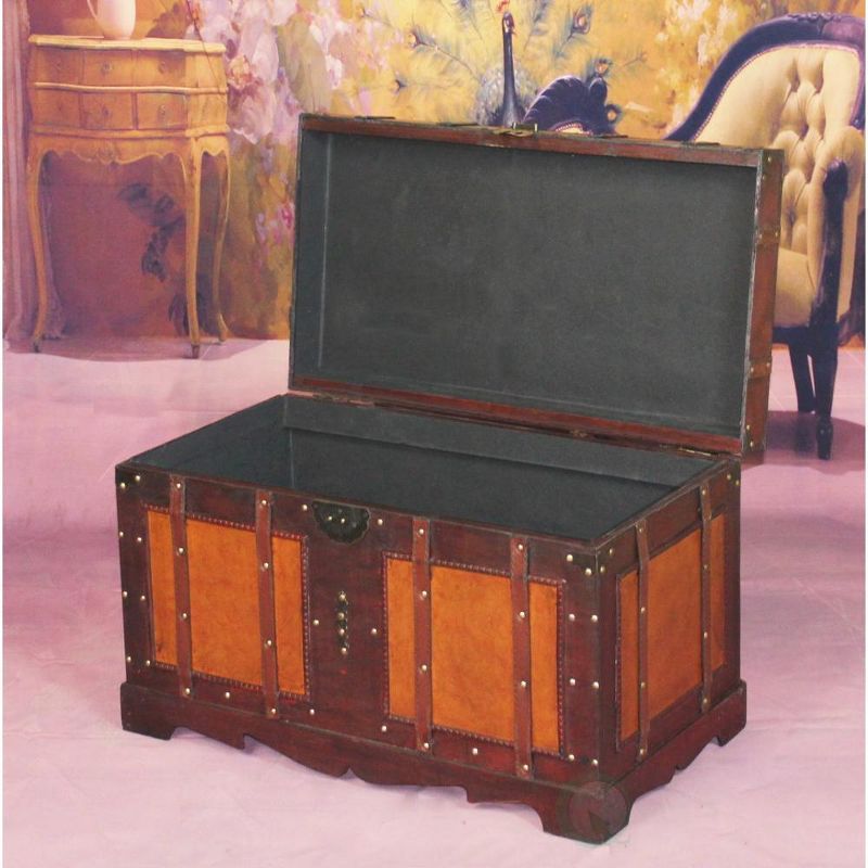 Large Antique Style Wooden Steamer Trunk with Distressed Finish