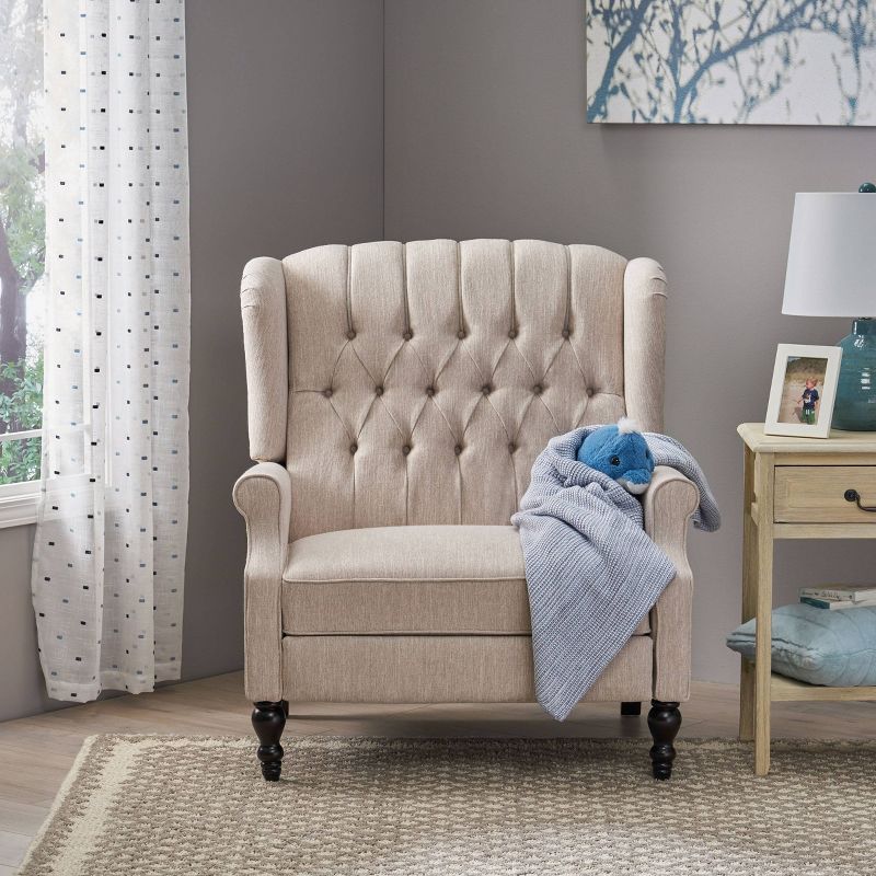 Beige Handcrafted Wood Oversized Tufted Recliner