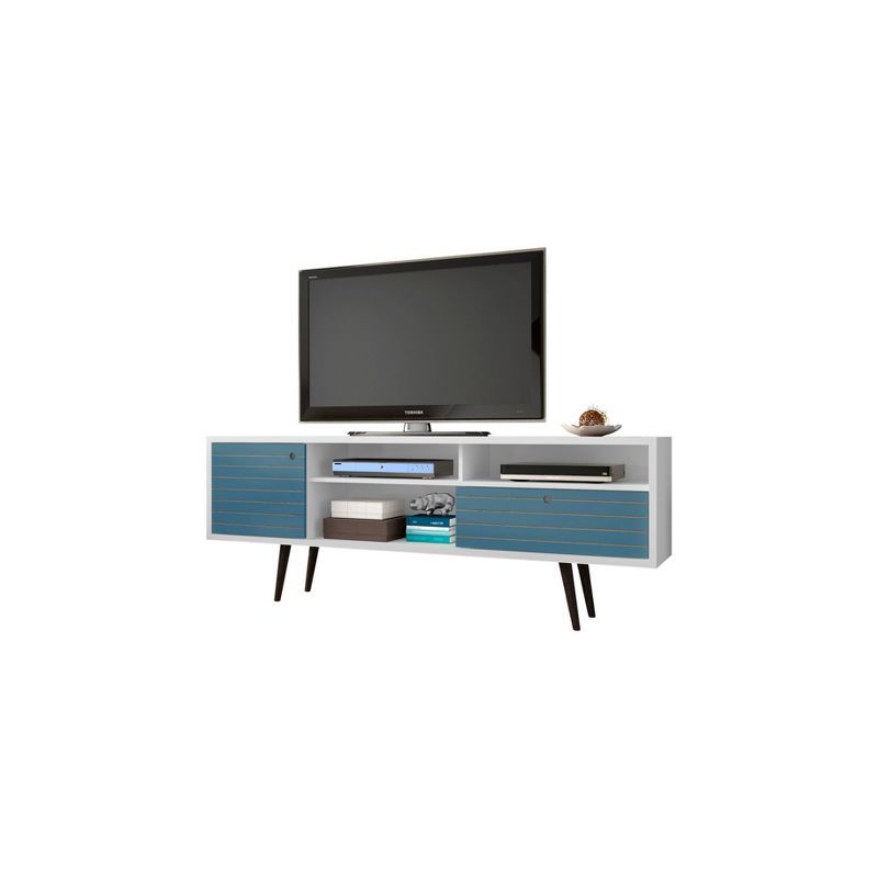 White and Aqua Blue Mid-Century Modern TV Stand with Cabinet