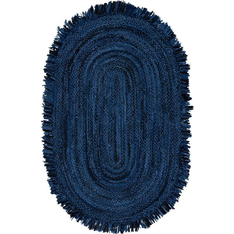 Handwoven Boho Chic Black and Navy Cotton Oval Rug, 3' x 5'