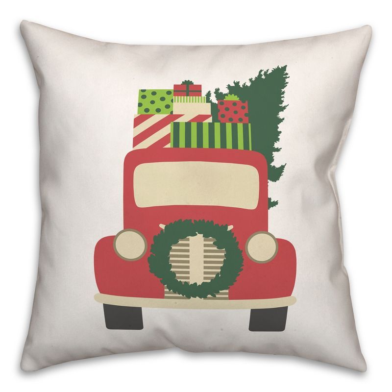 Vintage Christmas Truck Red and Green 16" Square Throw Pillow