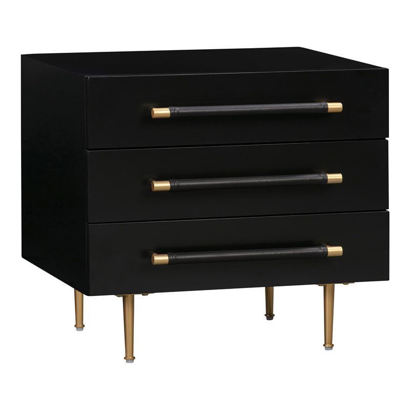 Trident Black Acacia Wood 3-Drawer Nightstand with Brass Accents