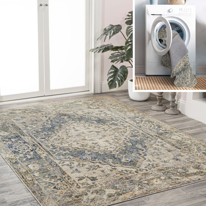 Pavel Blue and Cream Distressed Medallion Washable Area Rug