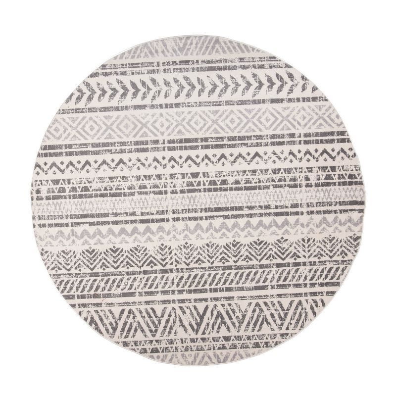 Gray Geometric Distressed Round Synthetic Area Rug 6'6"