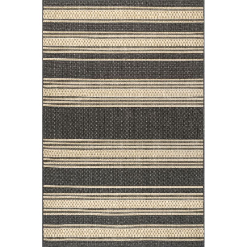 Charcoal and Beige Striped Synthetic 4' x 6' Indoor/Outdoor Rug