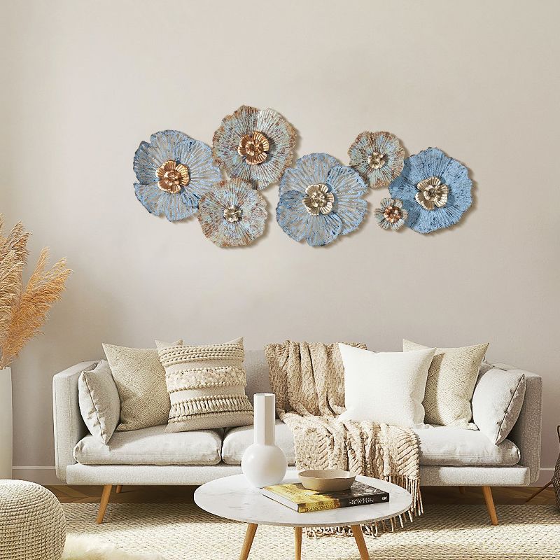 Distressed Blue and Gold Floral Iron Wall Sculpture