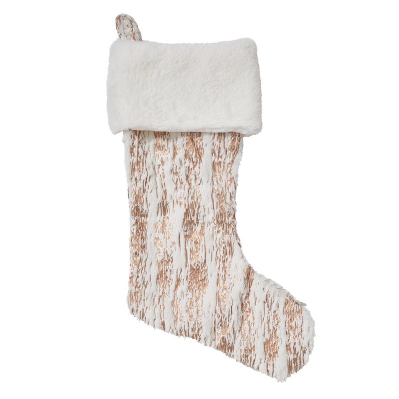 Gold and White Faux Fur Christmas Stocking with Metallic Print