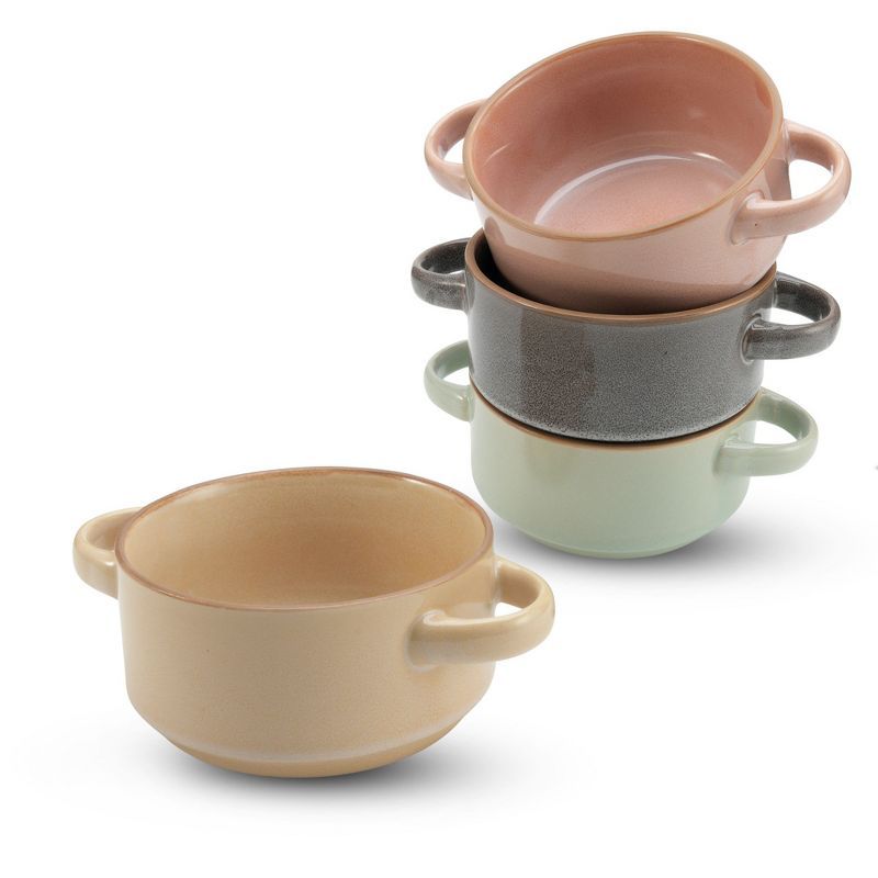 Assorted Color Ceramic Soup Bowls with Handles, Set of 4