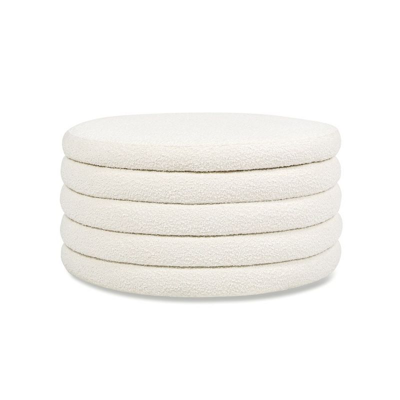 Ivory White Boucle Tufted Round Cocktail Ottoman with Storage