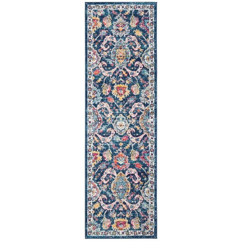 Navy and Fuchsia Floral High Pile Synthetic Runner Rug