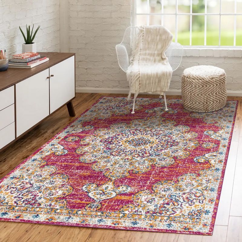 Bohemian Flair Pink and Cream Synthetic Medallion Area Rug