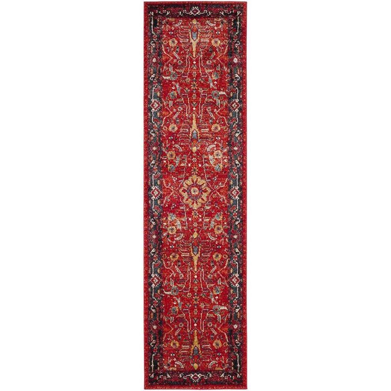 Vintage Red and Navy Synthetic Persian Runner Rug