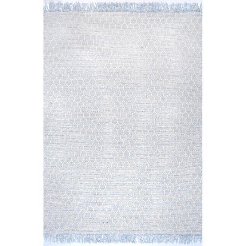 Handmade Honeycomb Geometric Wool-Cotton Rug, 6' x 9', Baby Blue