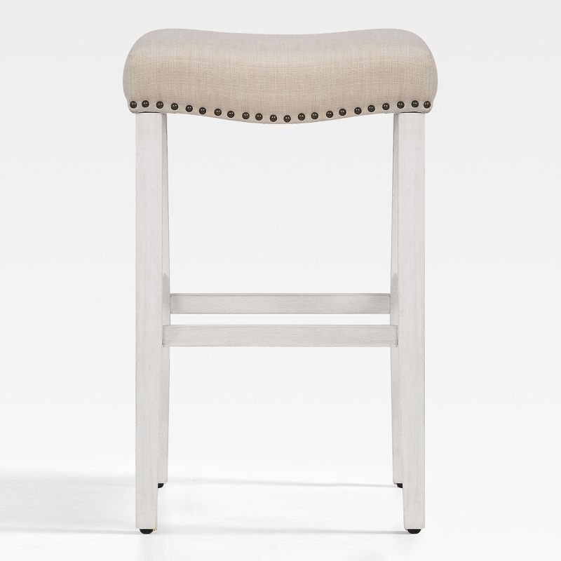 29" Beige Linen Upholstered Wooden Saddle Barstool