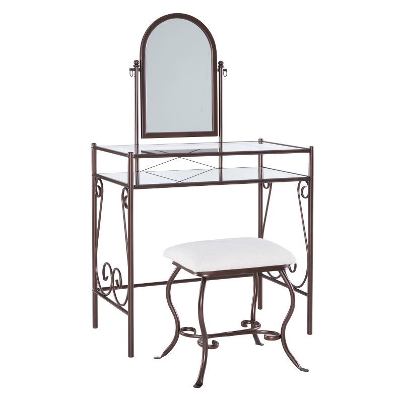 Clarisse 37.8" Traditional Beige and Brown Metal & Glass Vanity Set with Stool