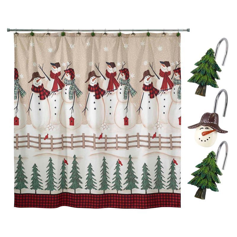 Snowmen Gathering Christmas Fabric Shower Curtain with Resin Hooks