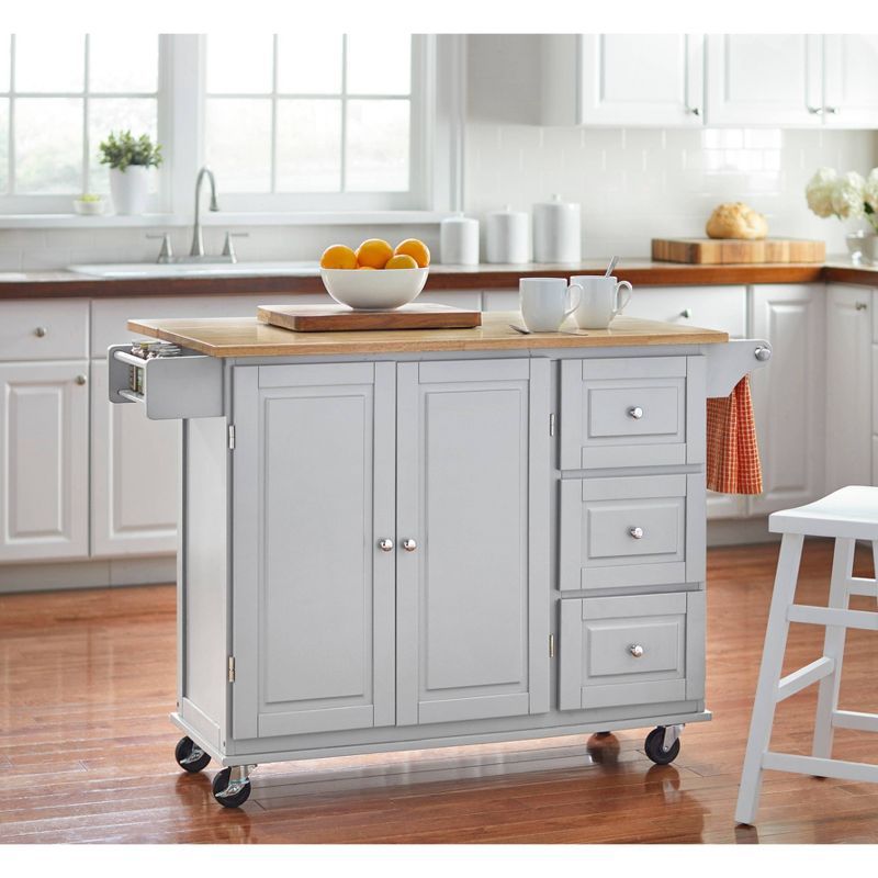 Gray Wood Drop Leaf Kitchen Cart with Spice Rack and Storage