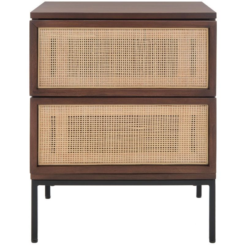 Walnut and Natural Rattan 2-Drawer Nightstand