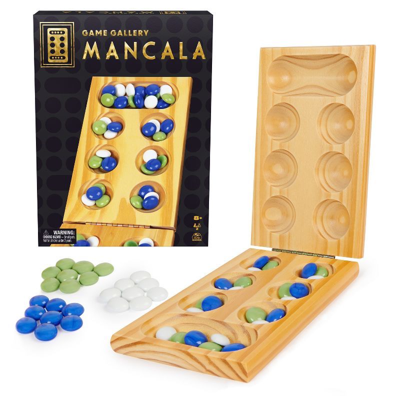 Solid Wood Mancala Game with Multicolored Stones