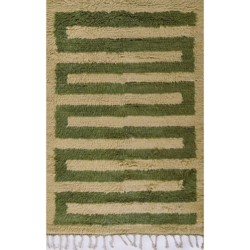 Green and Beige Handwoven Wool Geometric Rug, 5 ft x 8 ft