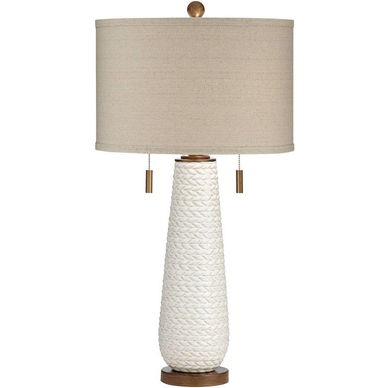 White Grooved Ceramic Table Lamp with Taupe Drum Shade