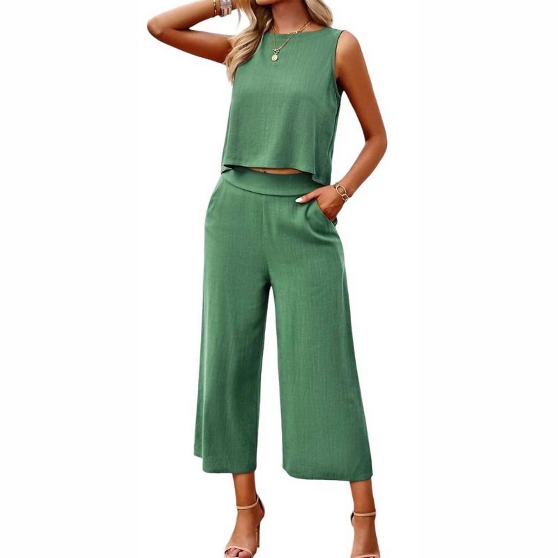 Green Sleeveless Cropped Top and Wide-Leg Pants Set