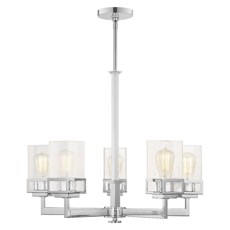 Elegant Polished Chrome 5-Light Chandelier with Seeded Glass Shades