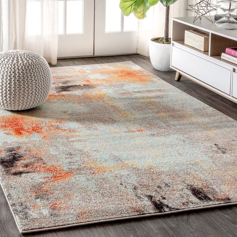 Blue and Orange Abstract Flat Woven Synthetic Area Rug