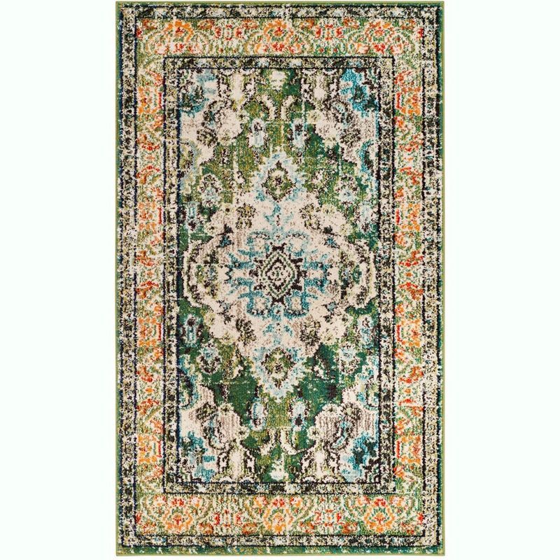 Boho-Chic Forest Green and Light Blue Rectangular Rug