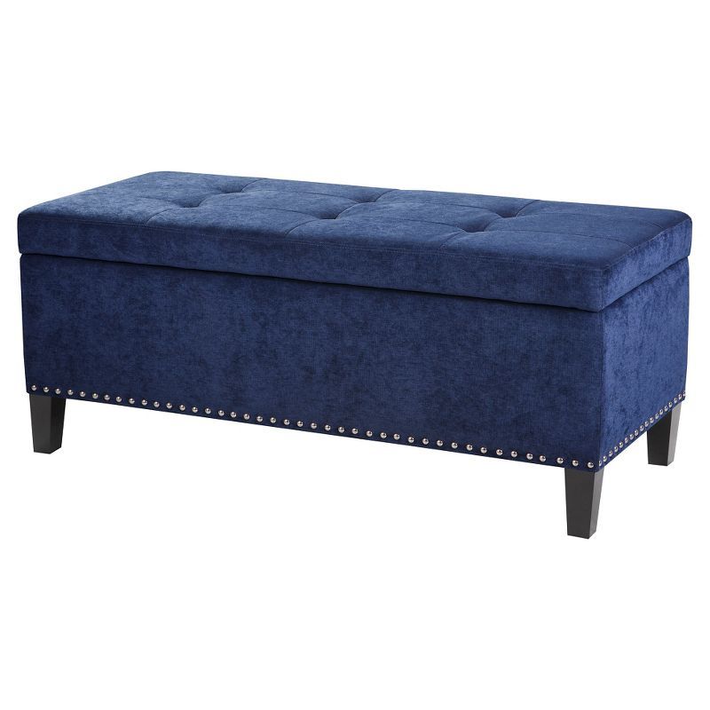 Blue Tufted Storage Bench with Espresso Wood Legs