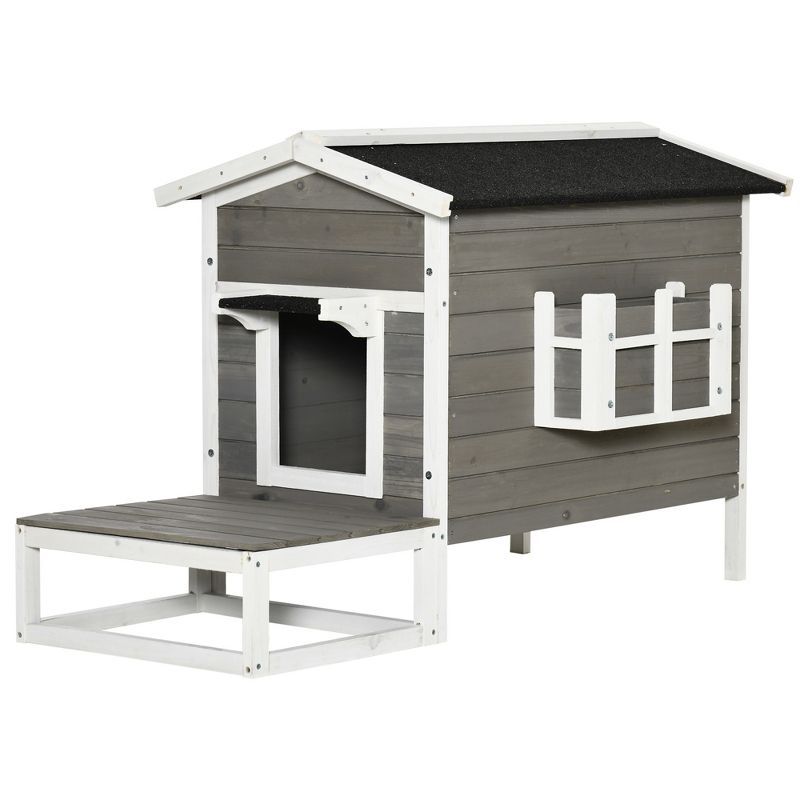 Large Dark Gray and White Wooden Outdoor Cat House with Porch