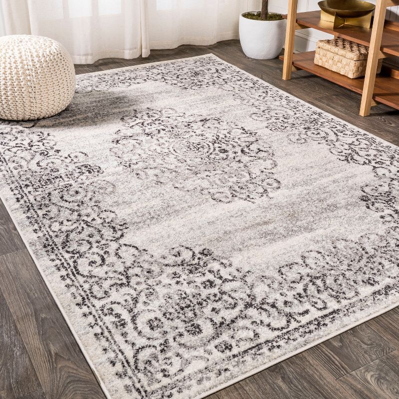 Dark Gray and Cream Medallion Filigree 3x5 Synthetic Area Rug