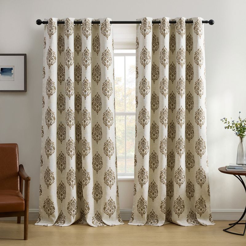 Natural Cinnamon Damask Blackout Linen Blend Window Drapes
