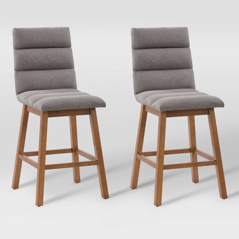Light Gray Channel Tufted Upholstered Wood Barstools Set of 2