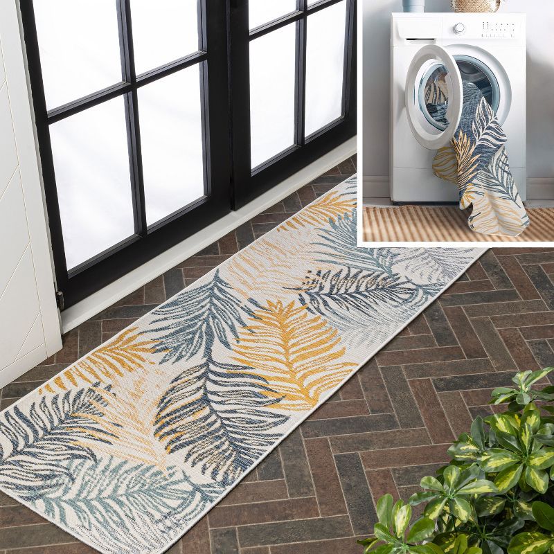 Cream and Navy Palm Frond Washable Synthetic Runner Rug, 2 x 8