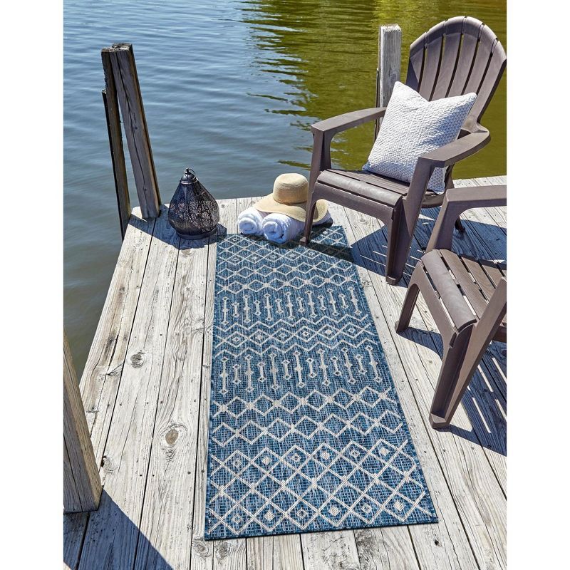 Blue Synthetic Trellis Flat Woven Outdoor Runner Rug