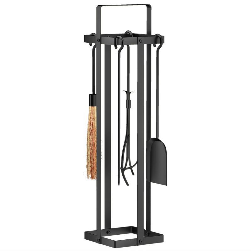 Black Metal 5-Piece Fireplace Tool Set with Stand