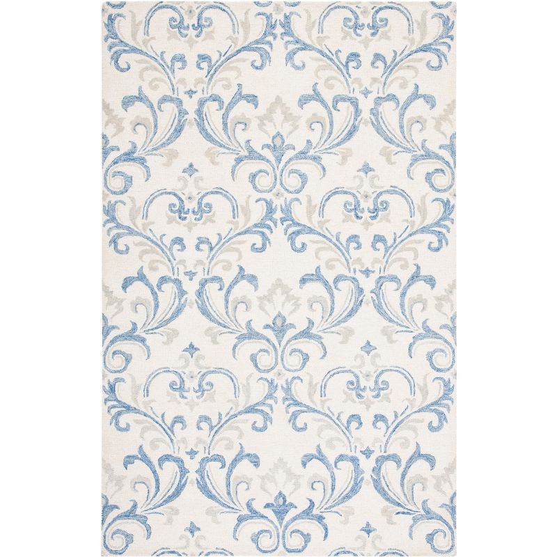 Ivory and Blue Floral Handmade Wool Area Rug, 4' x 6'