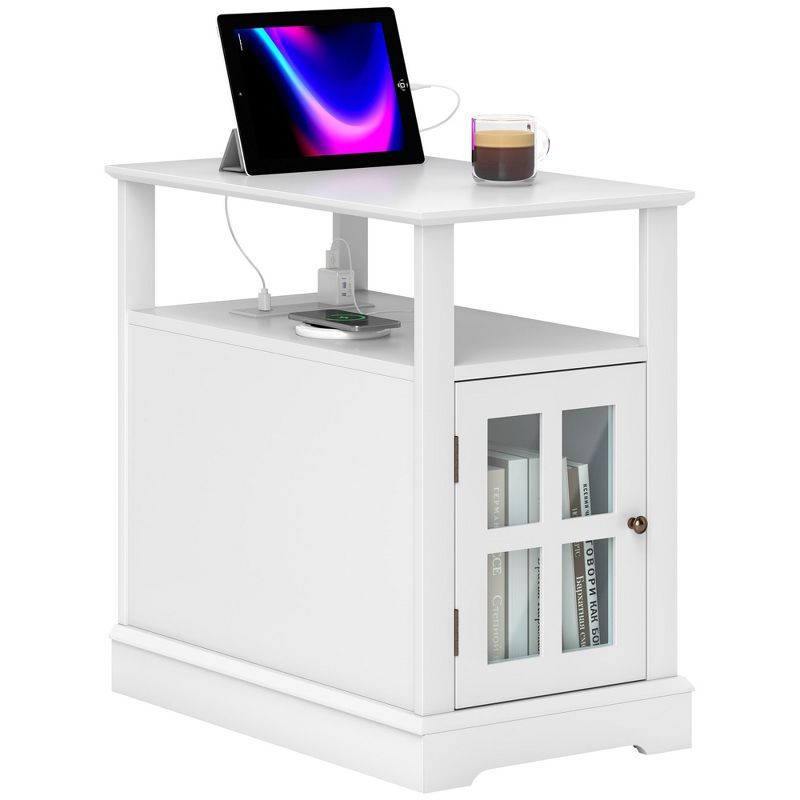 White Wooden End Table with Charging Station and Storage