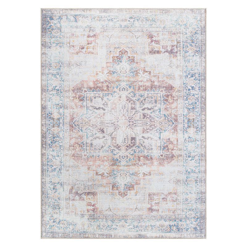 Rust and Blue Medallion Flat Woven Machine Washable Area Rug