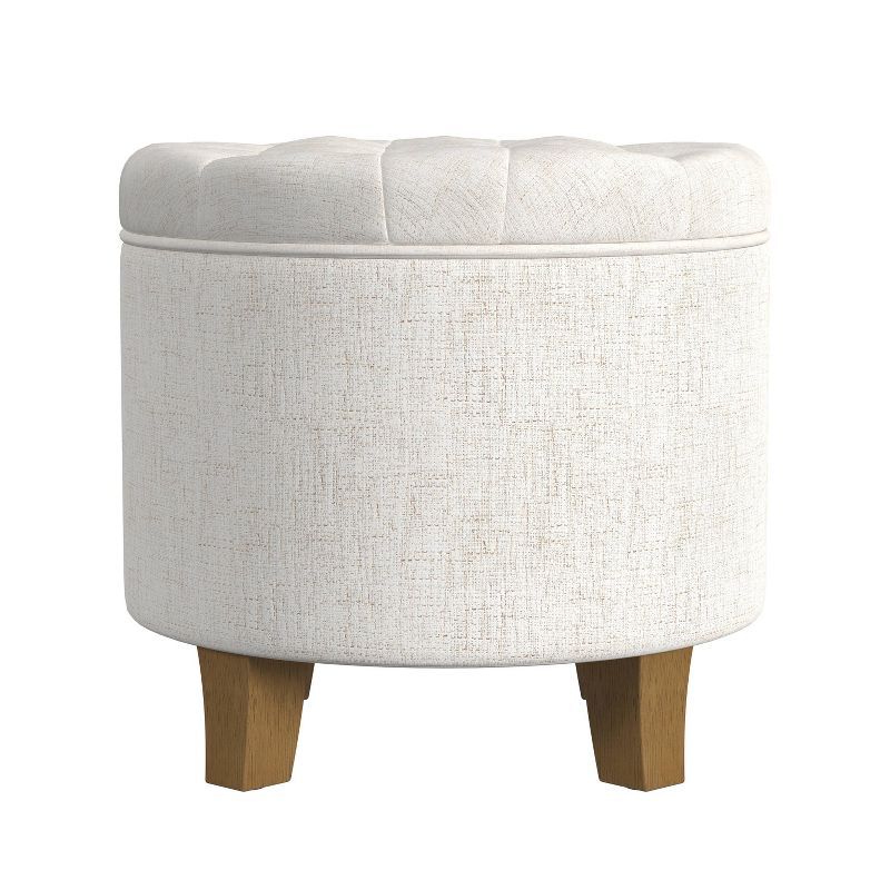 Cream Tufted Round Storage Ottoman with Wooden Legs