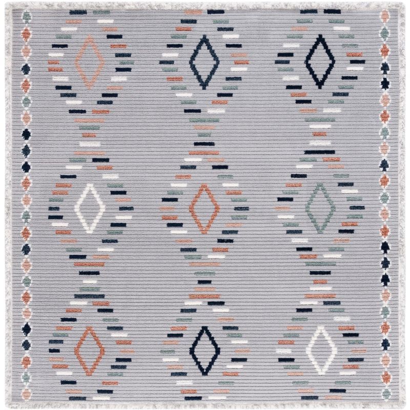 Grey and Blue Geometric Wool Synthetic Square Rug