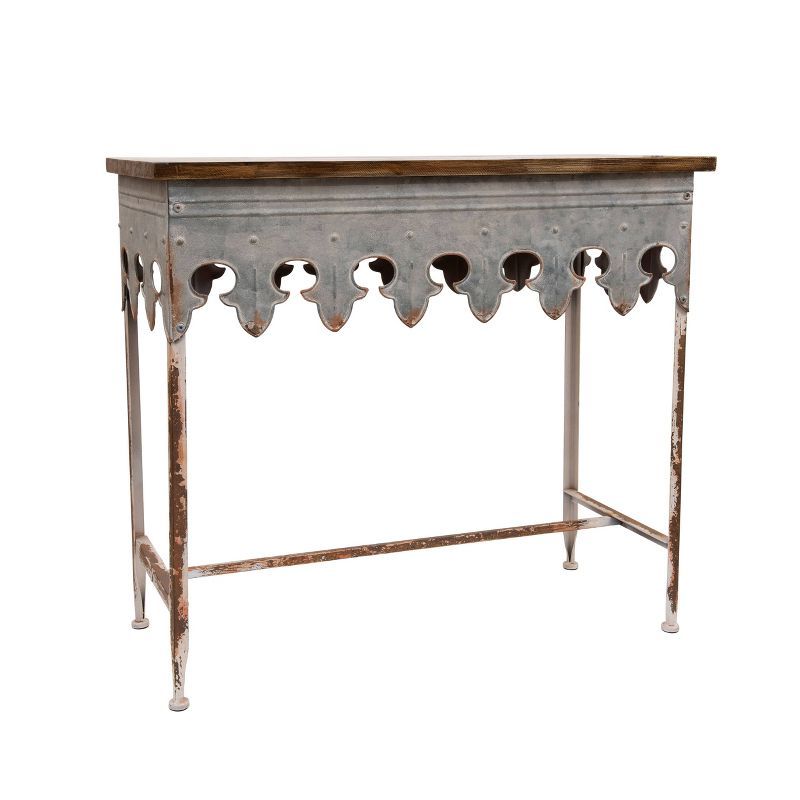 Scalloped Edge 36" Metal & Wood Console Table with Distressed Finish