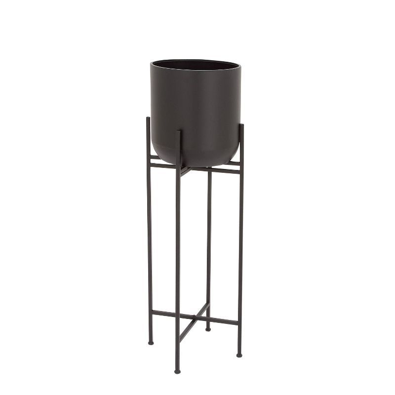 Modern Capsule-Shaped Black Iron Floor Planter with Stand