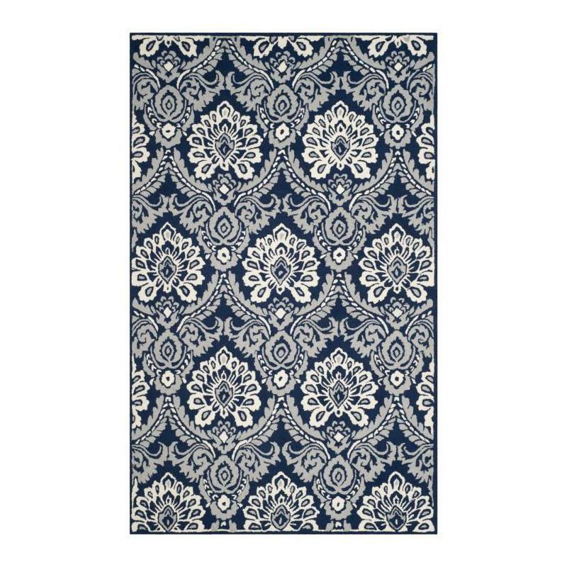 Navy and Ivory Floral Wool Tufted Area Rug