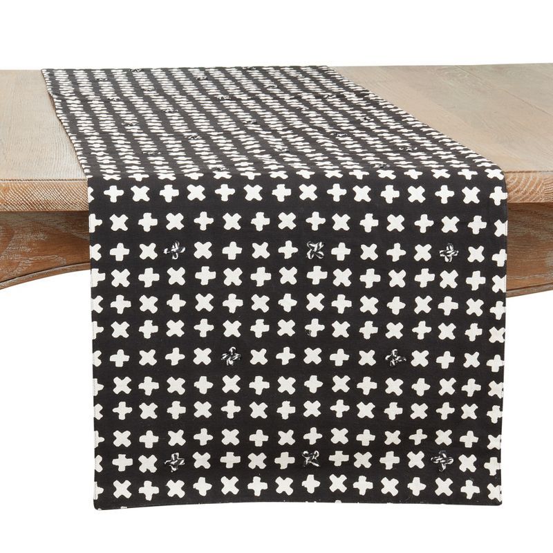 Black and White Embroidered Crosses Cotton Table Runner