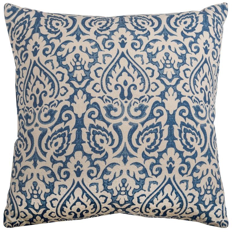 Large Blue Damask Cotton Square Throw Pillow