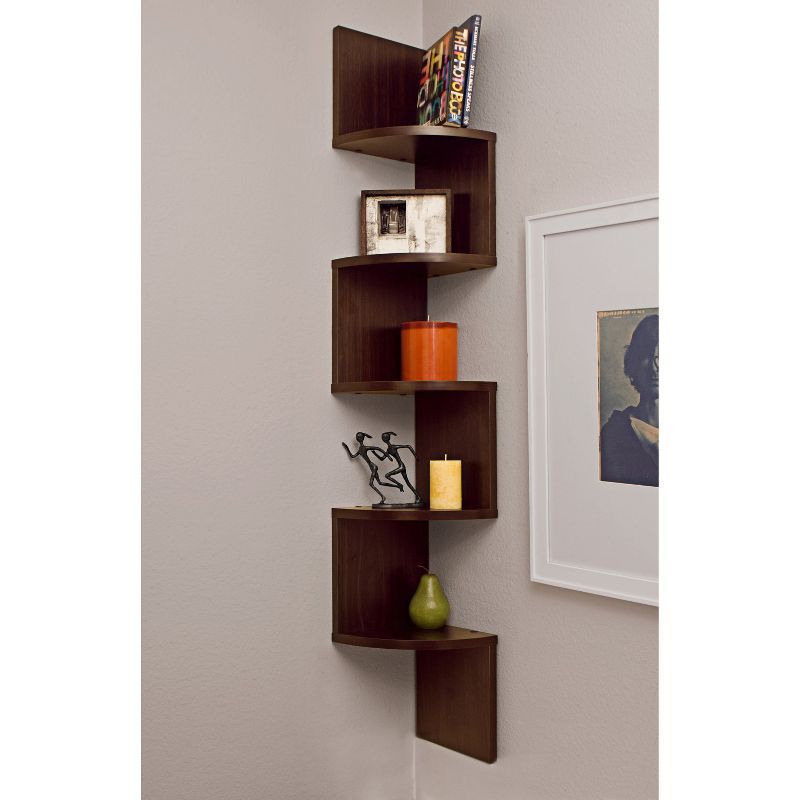 Walnut Zigzag 5-Tier Corner Floating Shelf