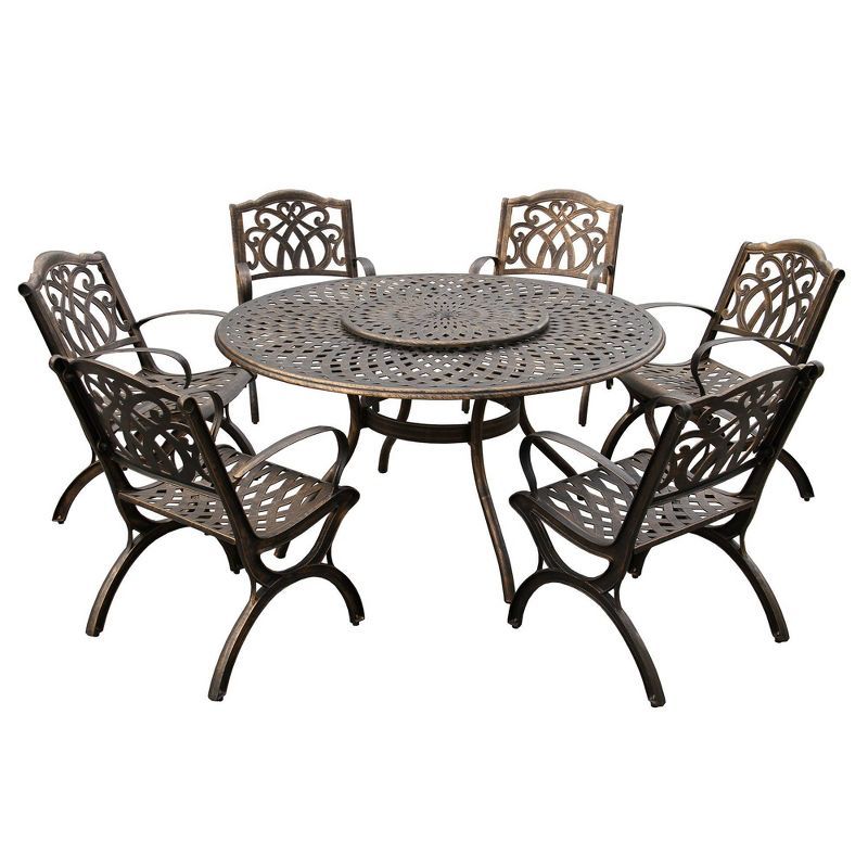 Bronze 59-inch Round Aluminum Patio Dining Set with Lazy Susan and Six Chairs
